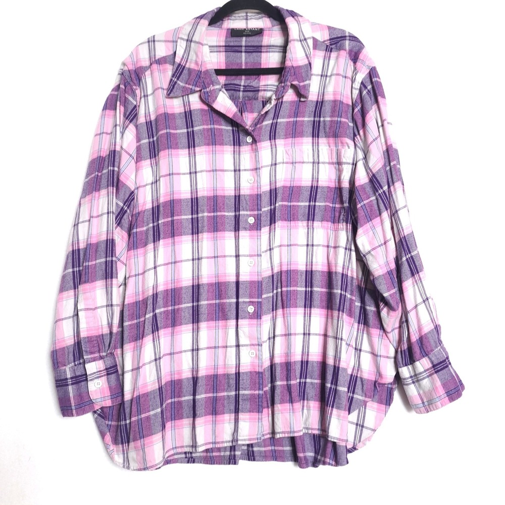 Lane Bryant Shirt Women 26/28 Purple Pink White‎ Plaid Flannel Button Up Modesty